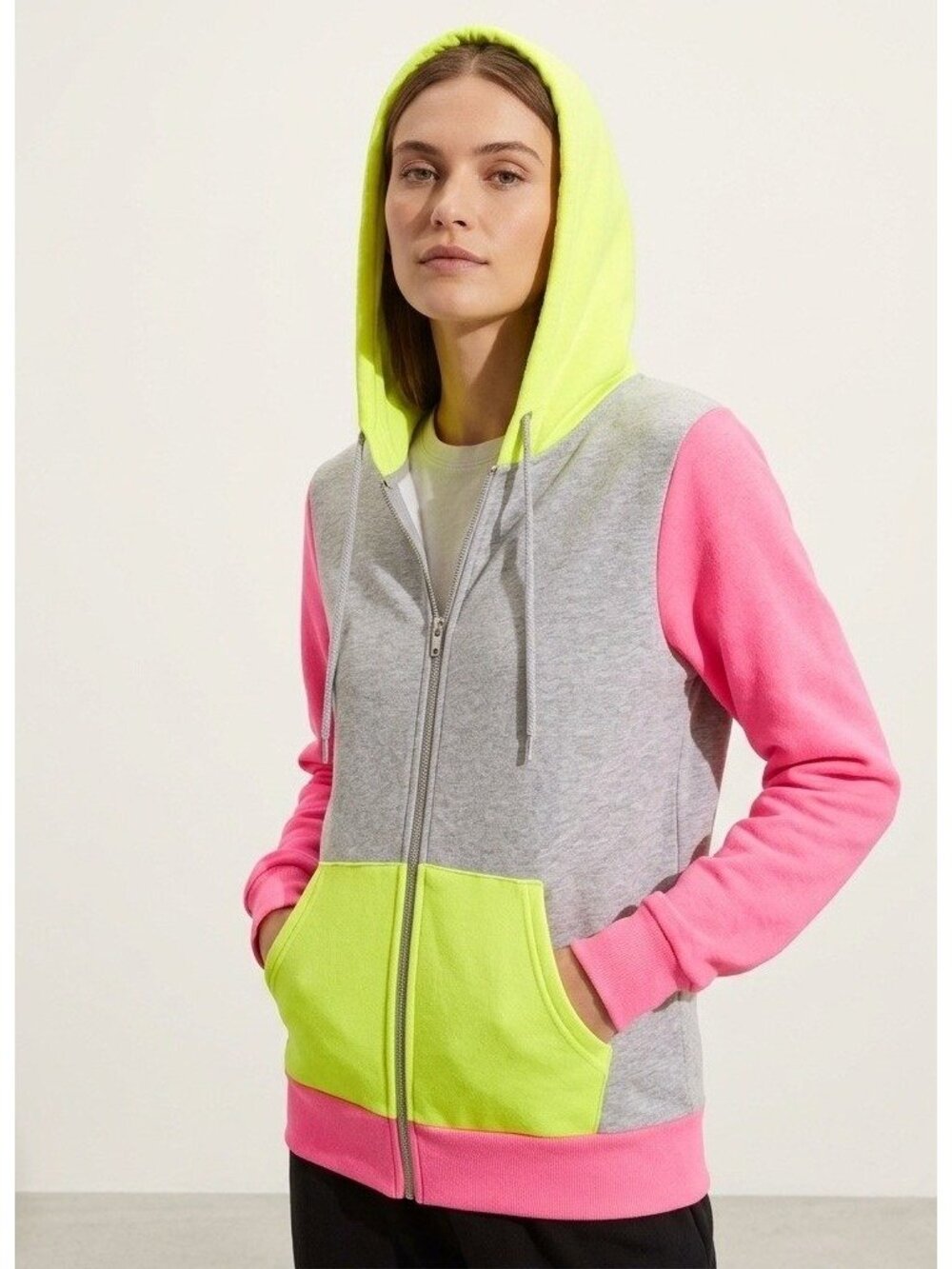 American Apparel Zip Hoodie F497 Gray Neon Pink Yellow XS Colorblock Streetwear
